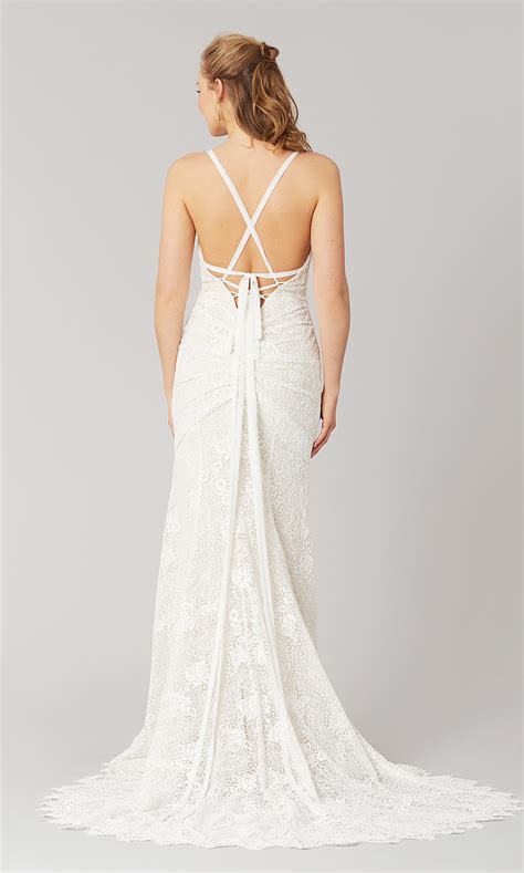 Moonlight bridal has a gorgeous selection of backless wedding dresses and open back wedding gowns in a variety of chic, elegant silhouettes. V-Neck Lace Corset-Back Wedding Dress by Kleinfeld