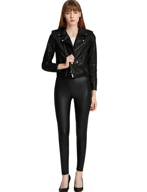 Everbellus Women Sexy Faux Leather Leggings With Pockets Skinny Leather Pants Black
