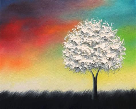 Textured White Tree Painting Black And White Art Colorful Original Oil Painting Rainbow