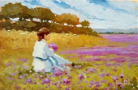 Painting of beautiful blue flowers by acrylic colours on 10*12 inch canvas.hope you would like it.please subscribe for more videos.thanks colors used in pain. Girl On Flowers Field - Italy Painting by Ernesto Scudiero
