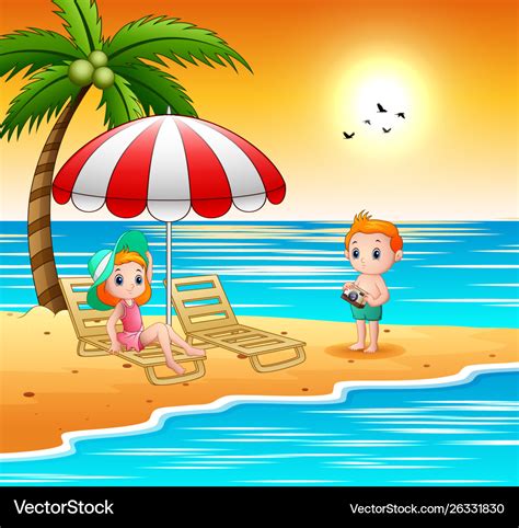 Cartoon Children Relax At Beach Royalty Free Vector Image