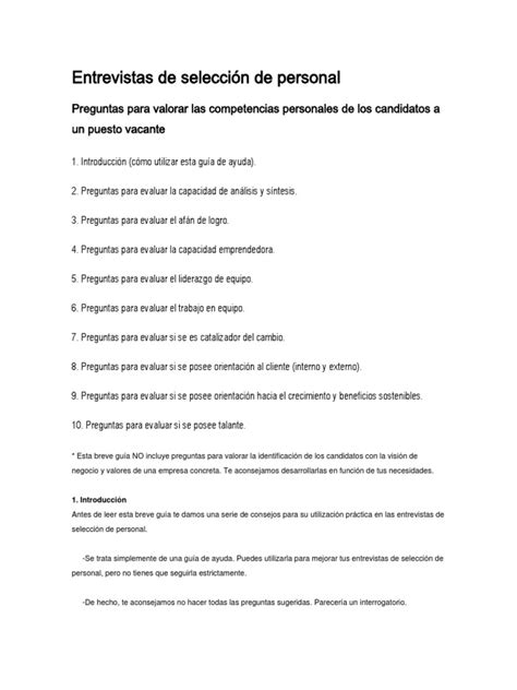 Entrevistas De Selección De Personal Pdf Recursos Humanos Liderazgo