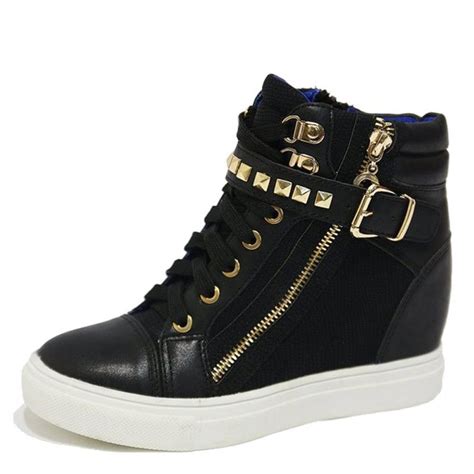 Womens Black Gold Rock Studded Strap Buckle Zip High Top Sneakers Lady