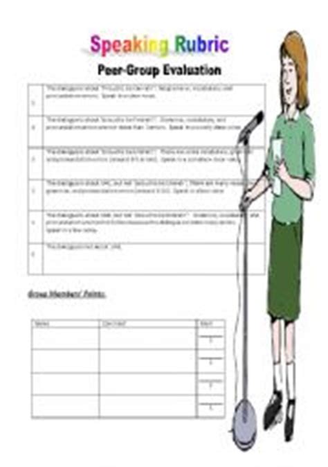 A sample speaking rubric has been provided on page 2, and a rubric to be filled out can be found on page 3. speaking rubric - ESL worksheet by 7neeen