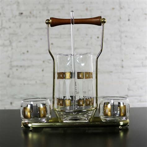Vintage Mid Century Modern Fred Press Glass Cocktail Caddy Set In Sun Block Pattern Warehouse 414