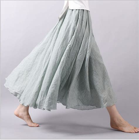 Cotton Linen Comfortable Elastic Waist Maxi Skirt Women Elegant Boho