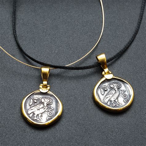 Ancient Greek Coin Necklace With Owl Goddess Athena Symbol Mens Coin