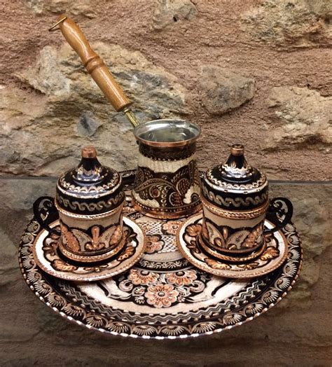 Turkish Copper Coffee Set For Two With Coffee Pot Turkish Coffee Set