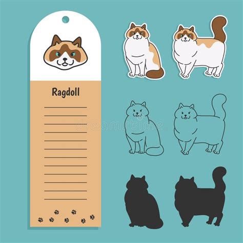 Cat Breed Ragdoll Set Of Stickers Silhouettes And Contour Line Doodle