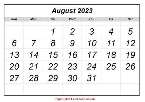 Printable August 2023 Calendar Calendar Next