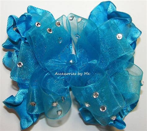 Glitzy Turquoise Blue Organza Ruffle Hair Bow Hair Bows Baby