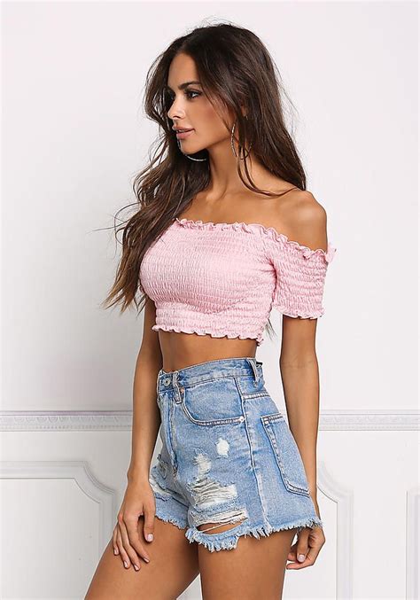Blush Ruched Off Shoulder Crop Top New Trendy Spring Outfits Off