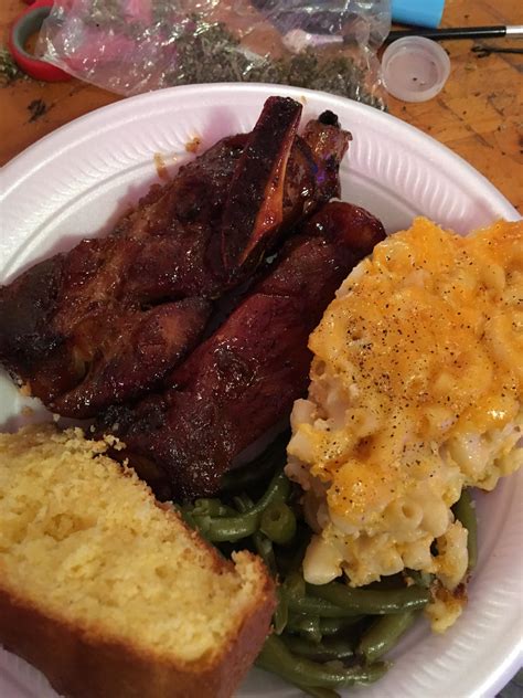 Baked Mac And Cheese Cornbread Bbq Ribs And String Beans With Smoked Meat Rsouthernfood