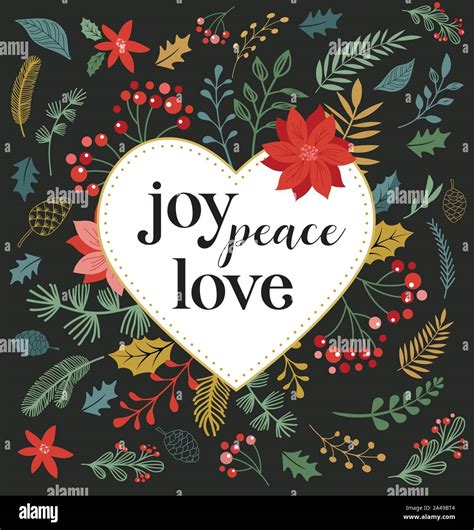 Joy Peace Love Merry Christmas Card With Lettering On Elegant Floral