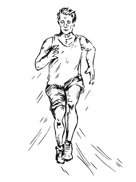 Young Man Running In Sportswear Hand Drawn Doodle Outline Stock Vector