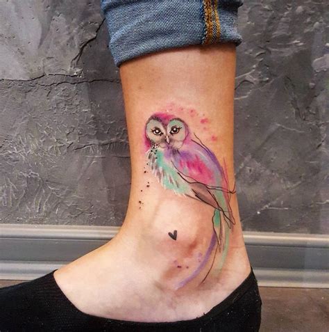 Colorful Owl Ankle Tattoo Small Watercolor Tattoo Owl Tattoo Small