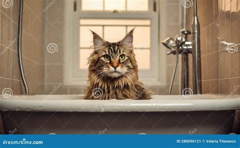 Funny Cat In The Bathroom Preparing To Bathe Hygiene Procedures Stock