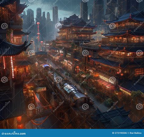 Futuristic Chinese Cityscape Stock Illustration Illustration Of High