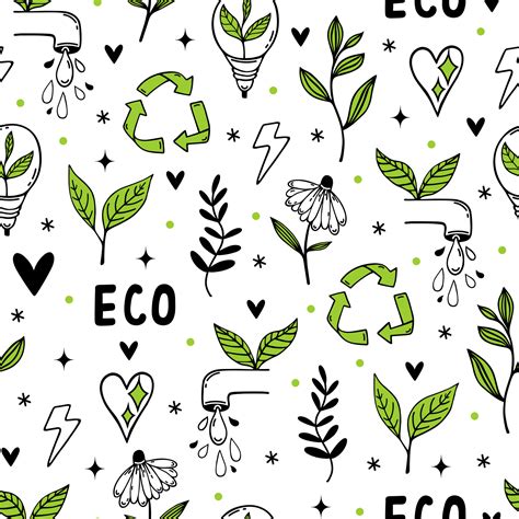 Eco Doodles Seamless Vector Pattern Symbols Of Environmental Care