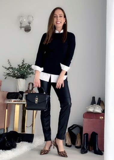 sydne style shows how to wear leather pants with white button down shirt black sweater and