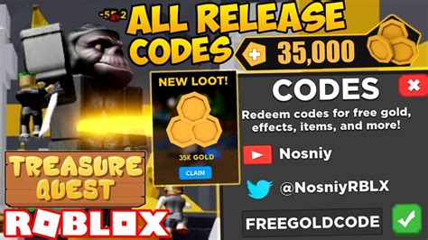 To help you with these codes, we are giving the complete list of working codes for roblox treasure quest. ALL *RELEASE* WORKING CODES IN NEW Treasure Quest ...