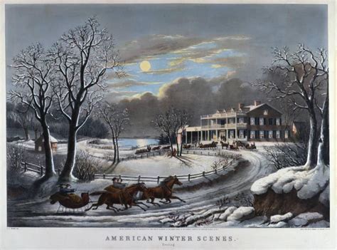 Currier And Ives Print Showing Sleighs Arriving To A Wintertime Party