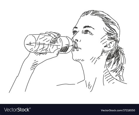 Sketch Woman Drinking Water Hand Drawn Royalty Free Vector