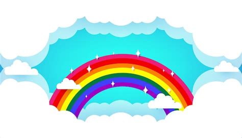 arco iris con nubes contra el diseño de corte de papel de fondo de cielo azul vector premium
