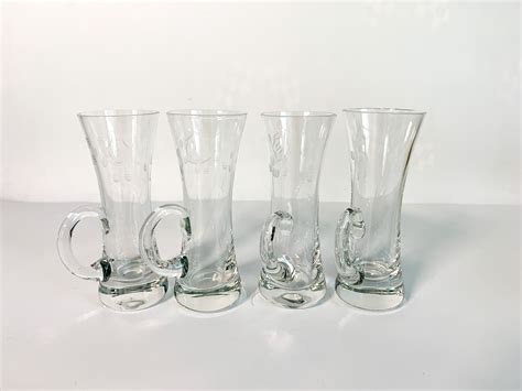 4 Etched Shot Vintage Glasses Aperitif Set Of 4 Shot Hand Blown Cordial Retro Clear Glass
