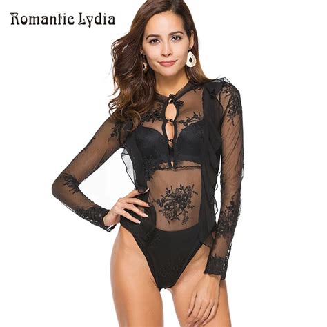Women Sexy Lace Bodysuit See Through Mesh Long Sleeve Jumpsuit Slim Fitness Bodycon Party Club