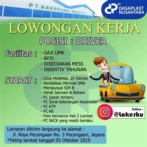 Di sini, anda akan mempelajari bagaimana deliveree adalah tempat tepat untuk menemukan loker driver. Lowongan Kerja Jepara Driver di PT. Dasaplast Nusantara ...