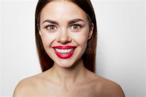 Woman With Flower Red Lips Smile Close Up Naked Shoulders Stock Photo Image Of Attractive