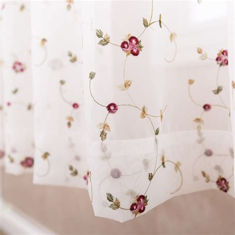 Elegant Vintage Red Rose Embroidered White Voile Curtains For Living