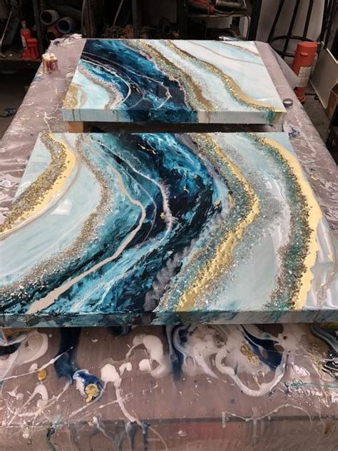 Set Of 2 Teal Blue And Gold Geode Style Epoxy Resin Painting Etsy