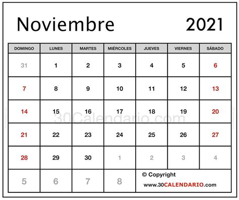 Blanco Calendario Noviembre 2021 Con Feriados Y Feriados Para Imprimir