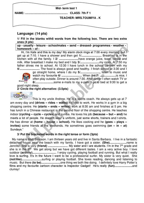 Mid Term Test 1 7th Form Esl Worksheet By Toumia