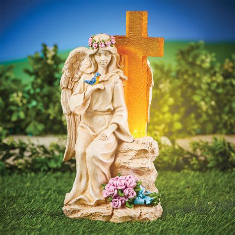 Angel With Solar Powered Cross Resin Garden Statue Collections Etc