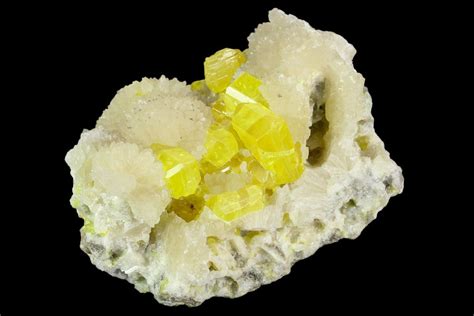 3 Sulfur Crystals On Fluorescent Aragonite Italy 129094 For Sale