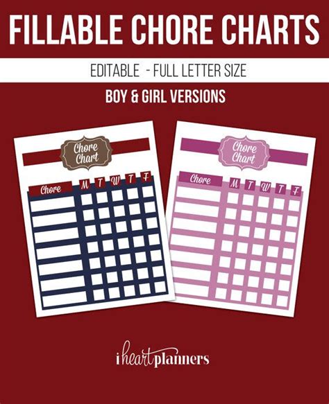 Chore Charts Editable Fillable Pdf Boy And By Iheartplanners Chore