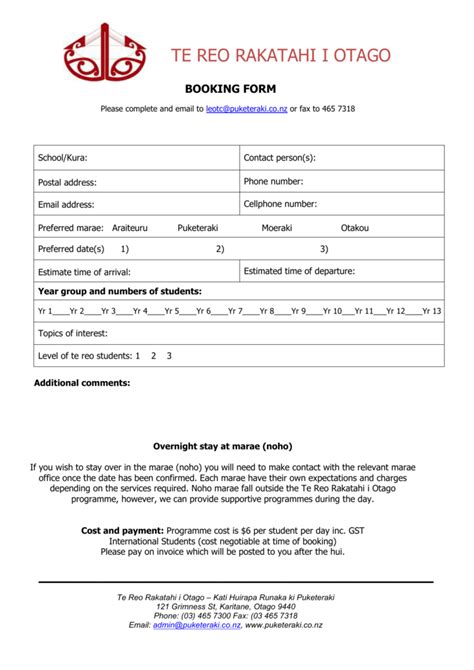 Booking Form Word Format