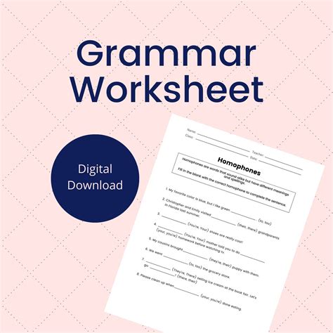 Printable Grammar Worksheet English Worksheet Homophones Etsy