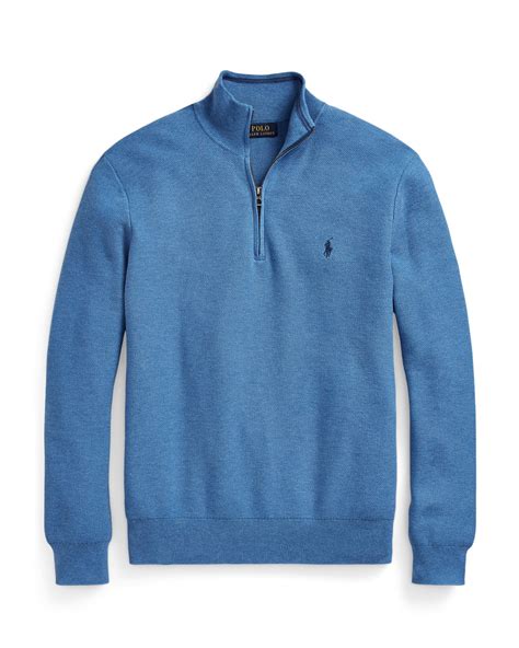 polo ralph lauren mens mesh knit cotton quarter zip jumper withdraw blue heather sweater