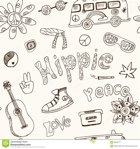 Vector Hand Drawn Doodle Cartoon Seamless Pattern Hippie Objects And