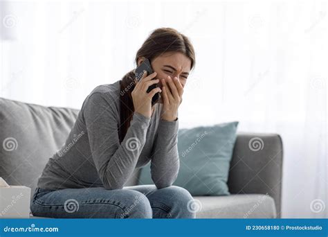 Sad Despair Cute Millennial Caucasian Woman Crying Have Call And Talk