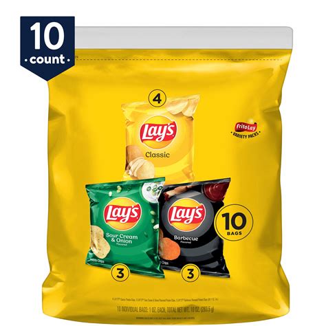 Lays Potato Chips 3 Flavor Variety Pack 1 Oz Bags 10 Count
