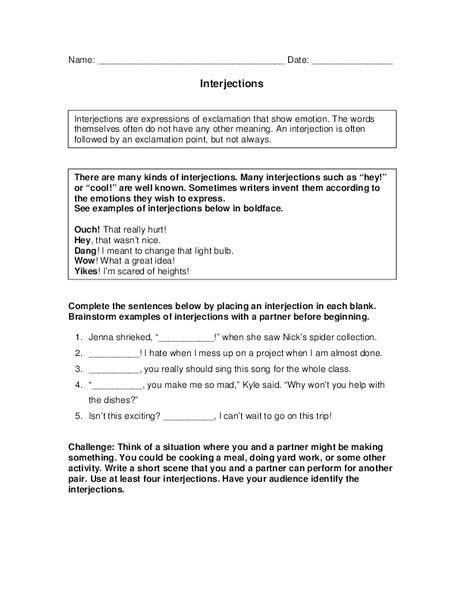 Interjections Worksheet For 3rd 5th Grade Lesson Planet