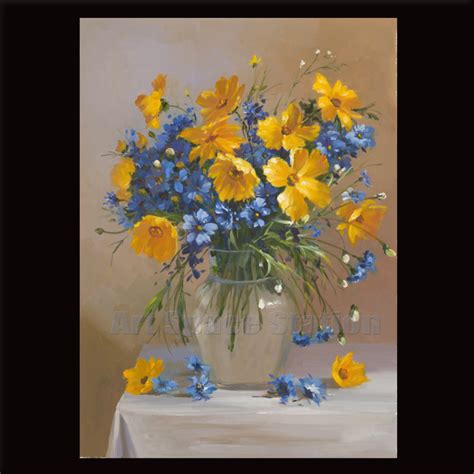 Blue Yello Wild Daisy Oil Painting On Canvas Modern Floral