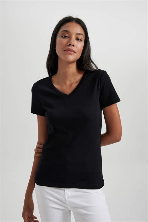 Black Women Slim Fit V Neck Short Sleeve T Shirt 2696018 Defacto