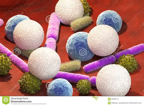 Virus And Bacteria Cells With White Blood Cells Stock Illustration