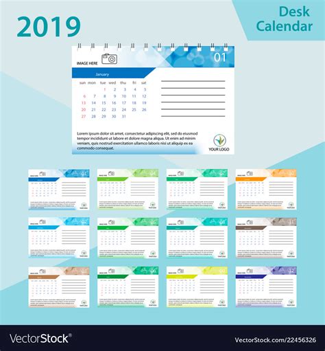 Desk Calendar 2019 Simple Colorful Gradient Vector Image